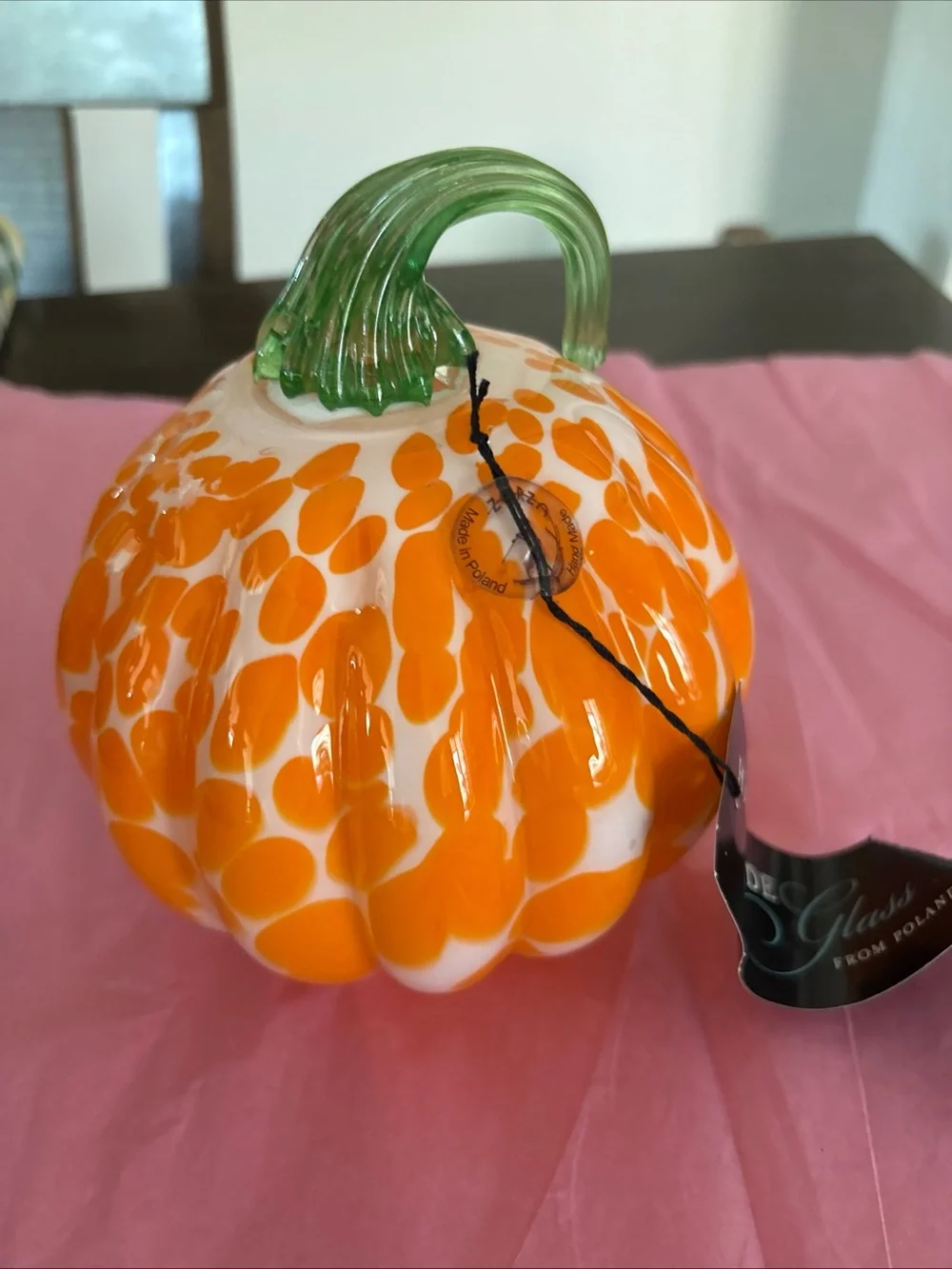 Handblown Glass White With Orange Spots Pumpkin Green Stem